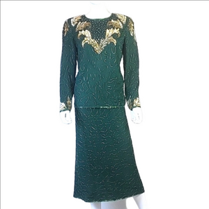 Vintage 80s Laurence Kazar Green & Gold Silk Beaded Sequined 2 Piece For…